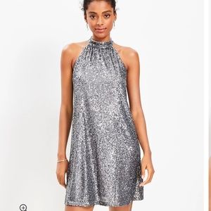 SEQUIN CUTOUT BACK HALTER SWING DRESS, Petite L